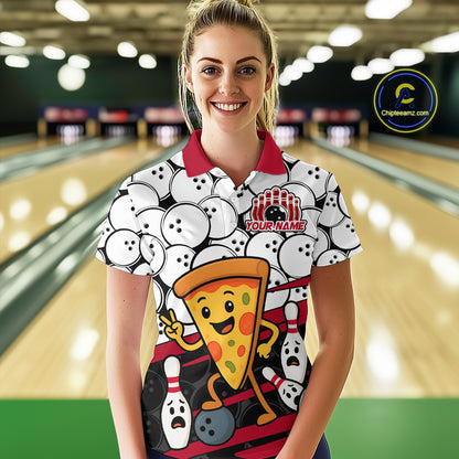 Custom Red Funny Pizza Bowling Shirt Bowling with Food for Women Polo Bowling Jersey QZT799