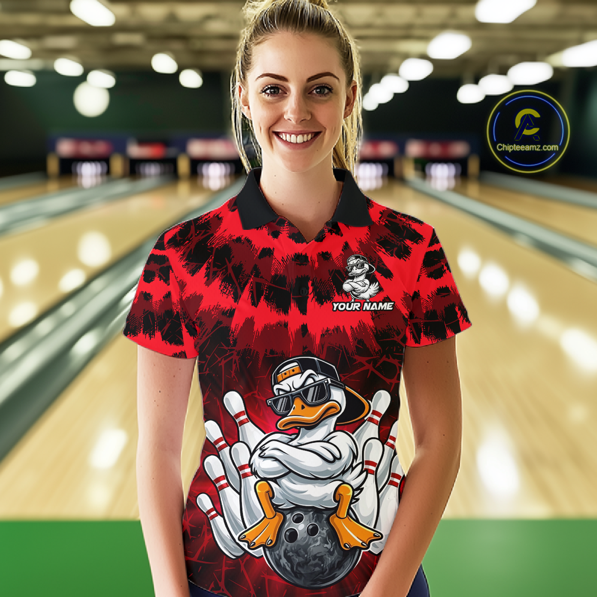 Custom Red Funny Duck Bowling Jersey for Women Bowling Uniform Polo & 1/4 Zip Bowling Team Shirts HNT238
