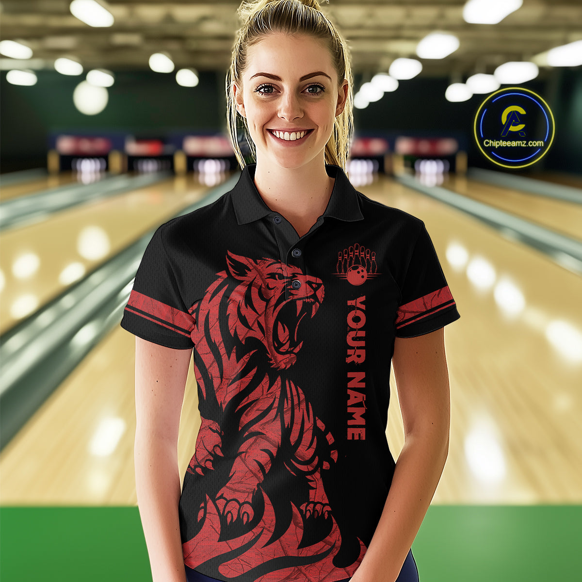 Red Tiger Bowling Shirts for Team Men Women Custom Bowling Jersey Polo & Quarter Zip Shirt MBL188