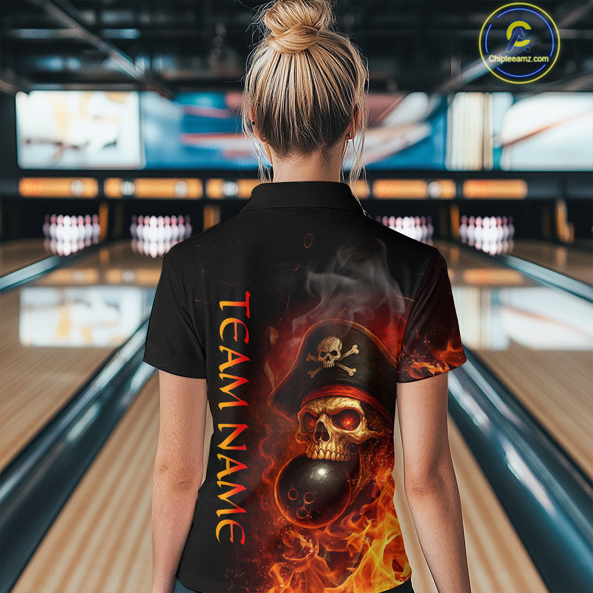 Orange Flame Pirate Skull Bowling Team Shirt for Women Bowling League Jersey Polo Bowling Outfit QZT763