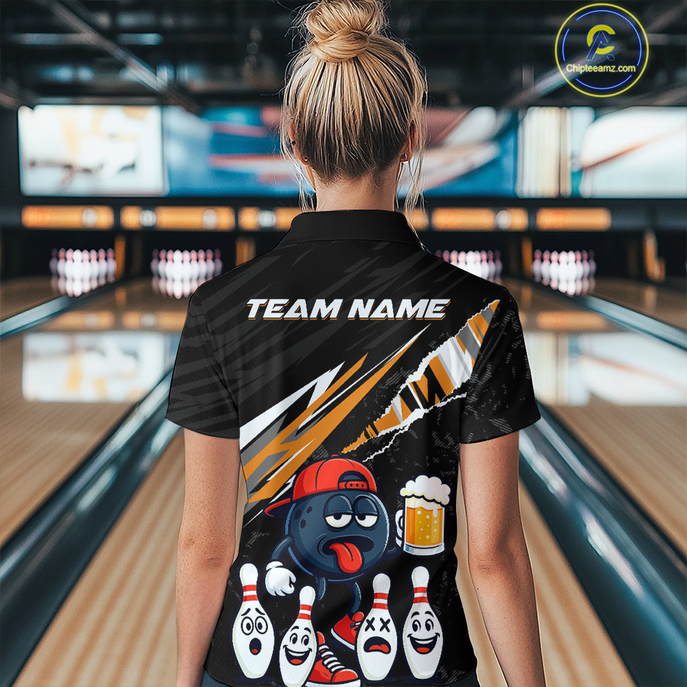 Custom Orange Beer Bowling Jersey for Women Bowling Team Shirts Bowling Uniform Polo & 1/4 Zip HNT133