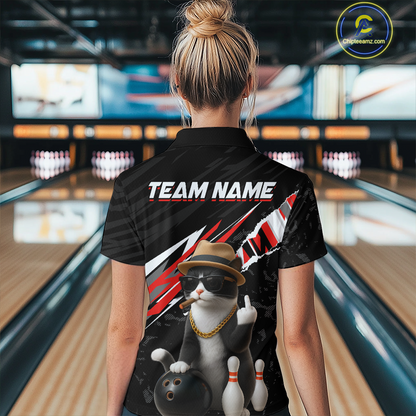 Custom Red Funny Cat Bowling Jersey for Women Bowling Shirt Polo & 1/4 Zip Bowling Team Shirts HNT136
