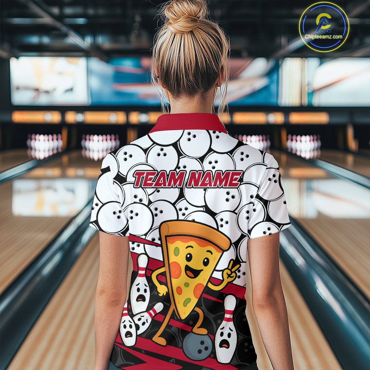 Custom Red Funny Pizza Bowling Shirt Bowling with Food for Women Polo Bowling Jersey QZT799