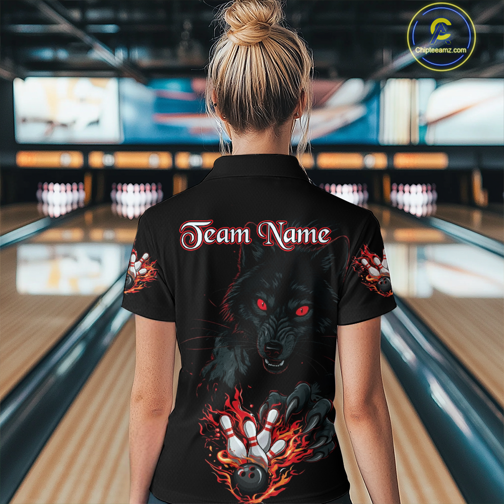 Custom Flame Wolf  Bowling Jersey for Women Bowling Uniform Polo & 1/4 Zip Bowling Team Shirts HNT144