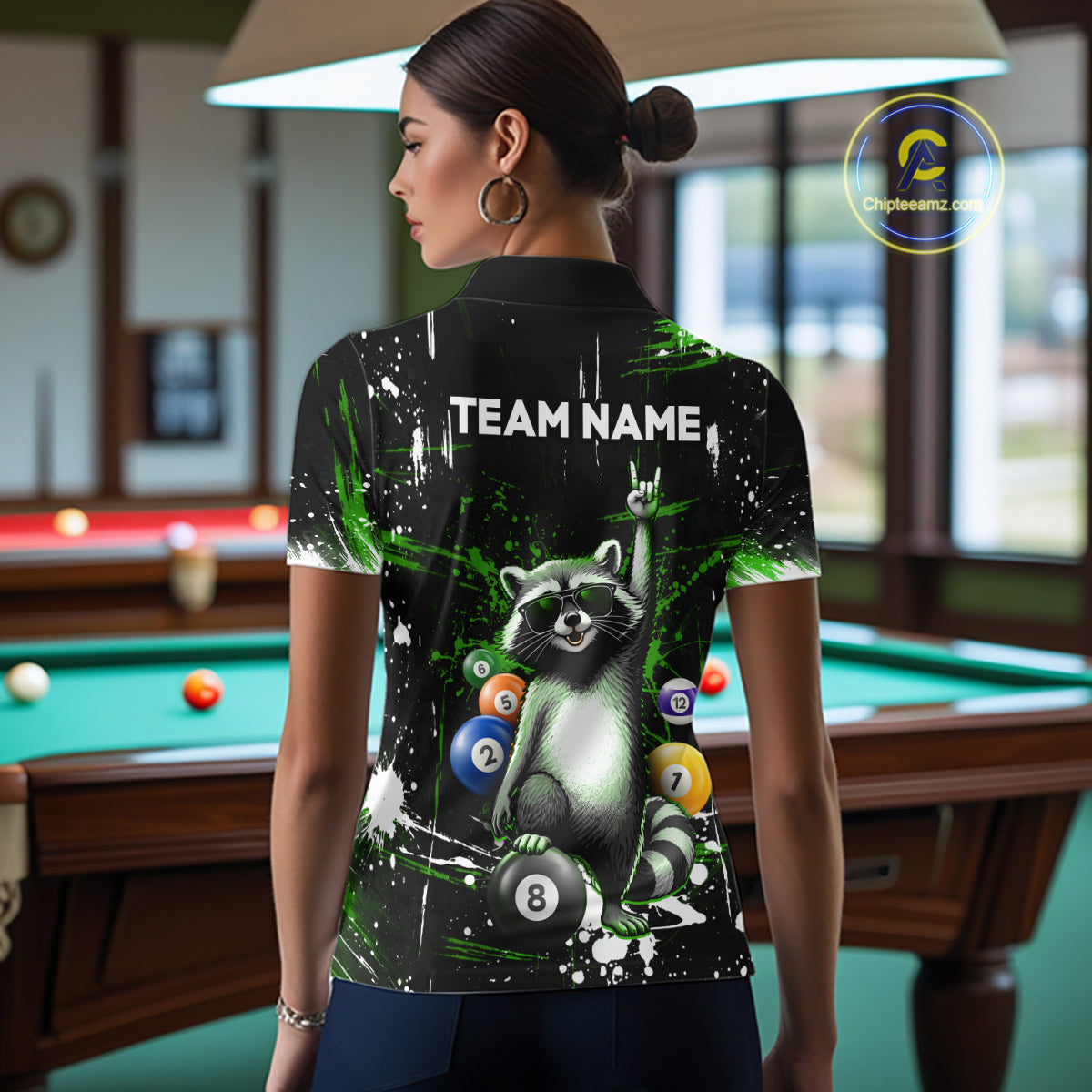 Custom Green Funny Raccoon Billiard Shirt for Women 8 Ball Pool Billiard Jersey Polo & 1/4-Zip BHT5