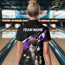 Load image into Gallery viewer, Custom Purple Funny Cat Bowling Jersey for Women Bowling Shirt Polo &amp; 1/4 Zip Bowling Team Shirts HNT136