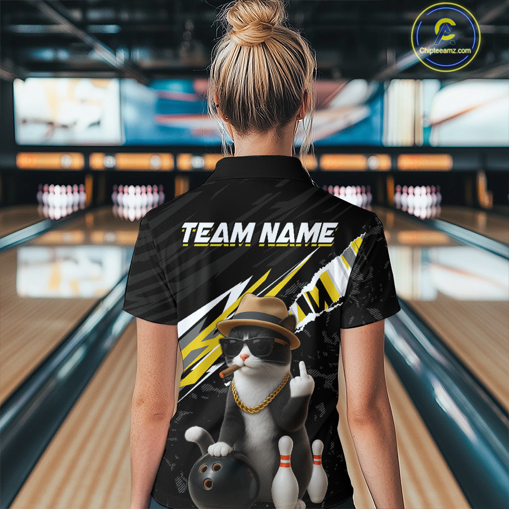 Custom Yellow Funny Cat Bowling Jersey for Women Bowling Shirt Polo & 1/4 Zip Bowling Team Shirts HNT136