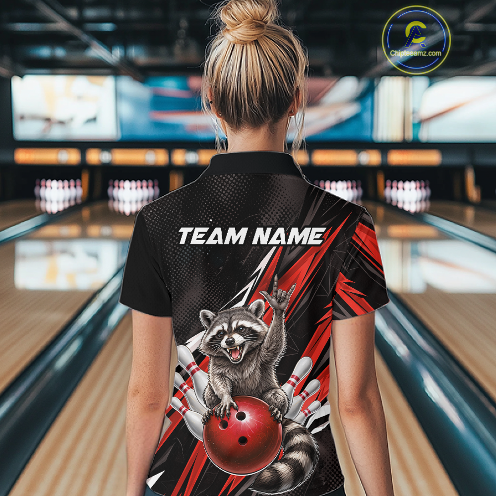 Custom Red Raccoon Bowling Jersey for Women Bowling Team Shirts Bowling Polo & 1/4 Zip HNT254