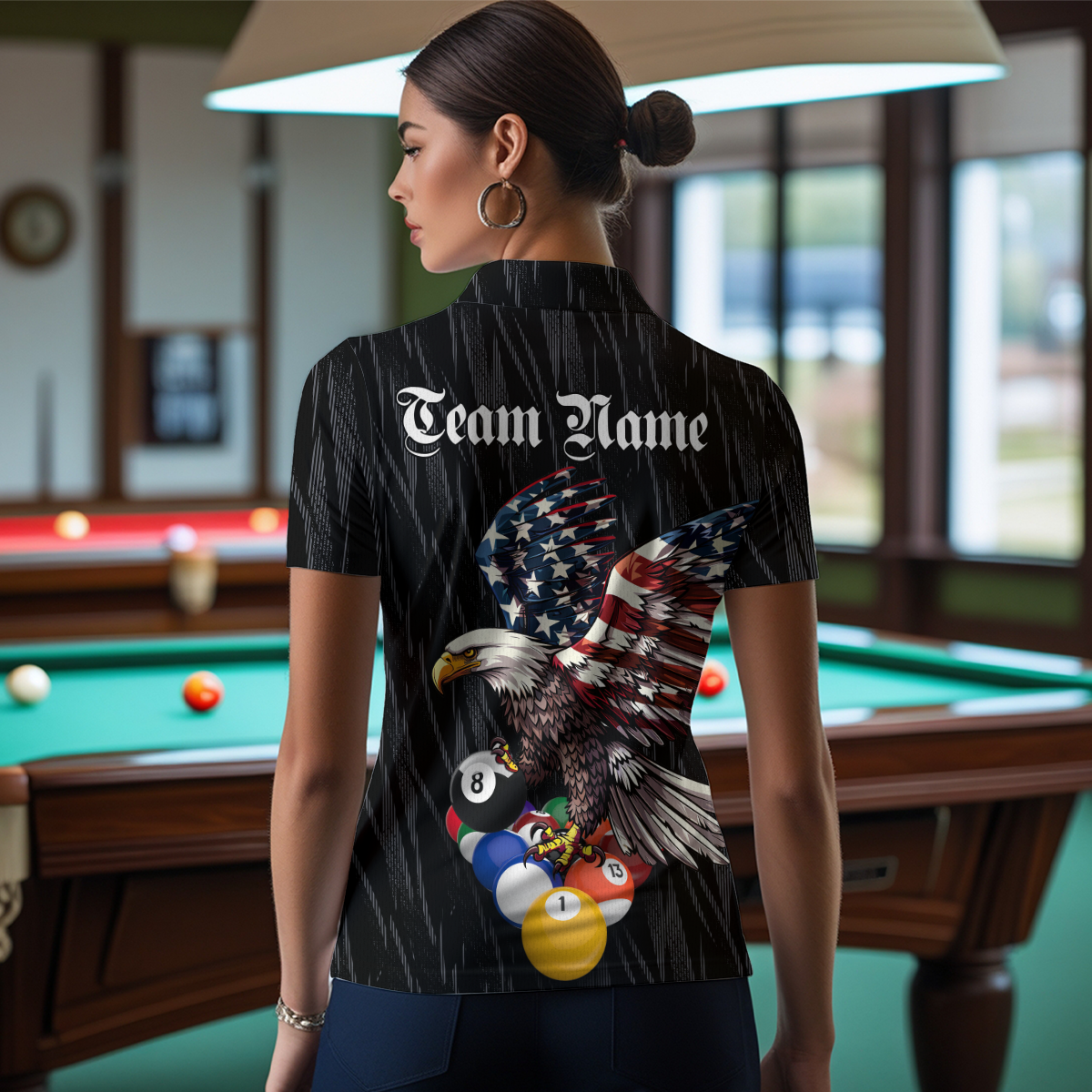 Billiard Shirt American Flag Eagle Billiard Jersey for Women Polo & 1/4 Zip Shirt Team NNT01