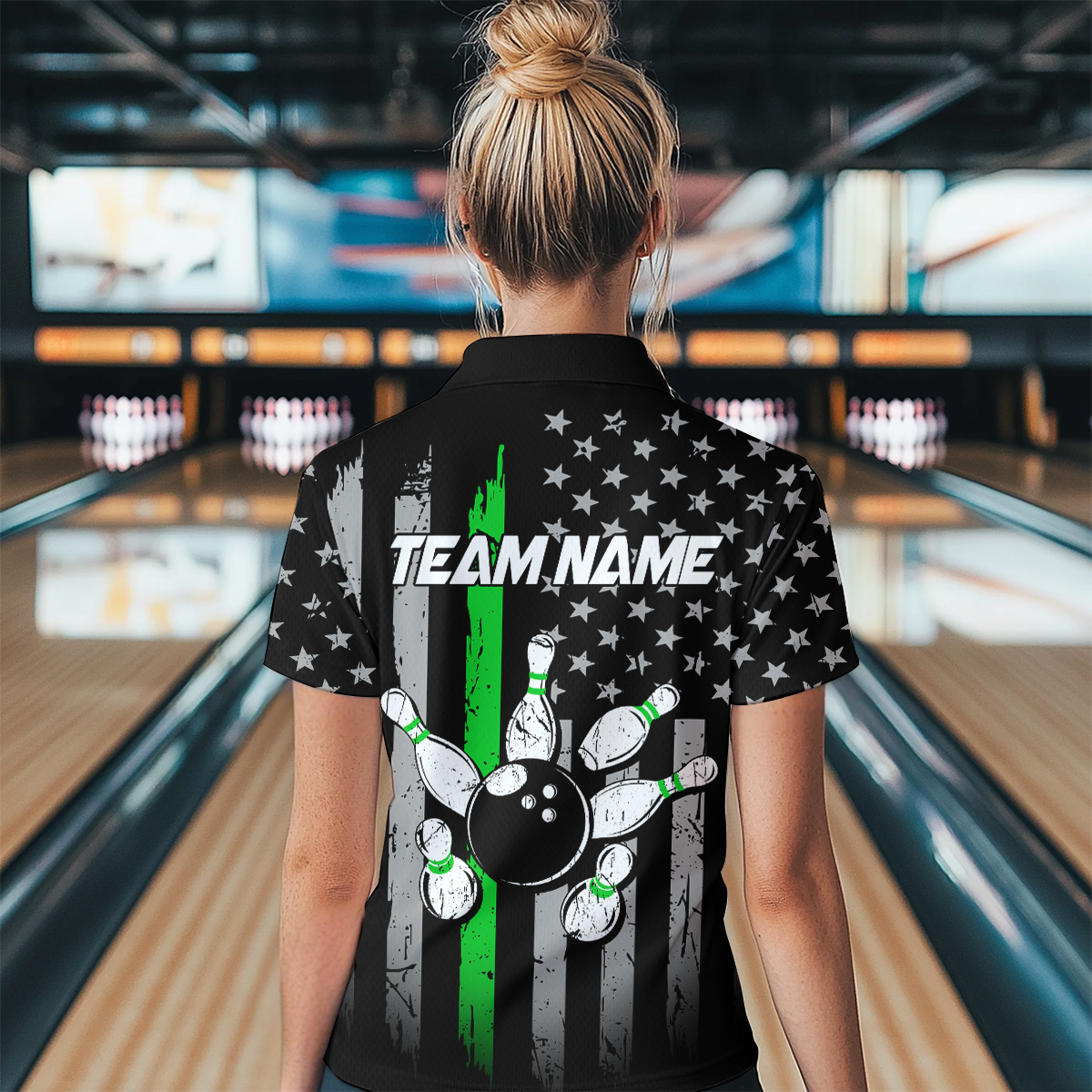 US Green Flag Bowling Shirt for Women Custom Name Polo & Quarter-Zip Bowling Jersey Bowling Team Shirt HNT23