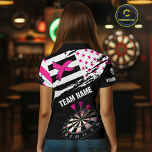Load image into Gallery viewer, Personalized US Flag Pink Ribbon Darts Shirt For Women Custom Breast Cancer Awareness Darts Jersey TDM4493