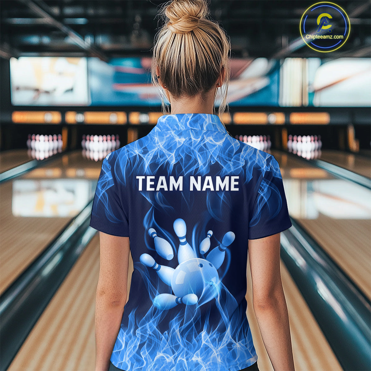Custom Blue Flame Bowling Jersey for Women Bowling Uniform Polo & 1/4 Zip Bowling Team Shirts HNT106