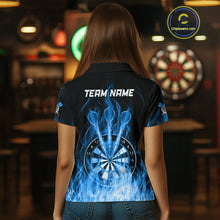 Load image into Gallery viewer, Custom Wolf Dart Shirts For Women – Fire Flame Dartboard Darts Team Jerseys Polo &amp; Quarter Zip |Blue TDM4043