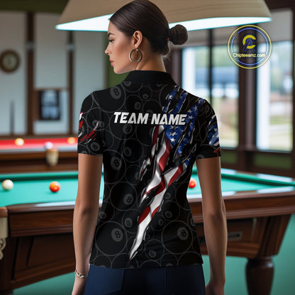 American Flag Scratch Billiard Shirt For Women, Custom 8 Ball Pool Team Jersey Polo & 1/4 Zip TDM4030