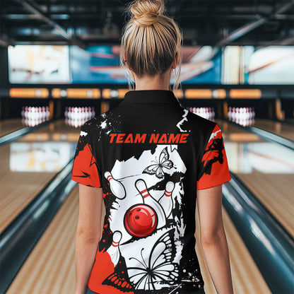 Custom Red Butterflies Bowling Shirt for Men Women Team Bowling Polo&Quater Zip MBL76