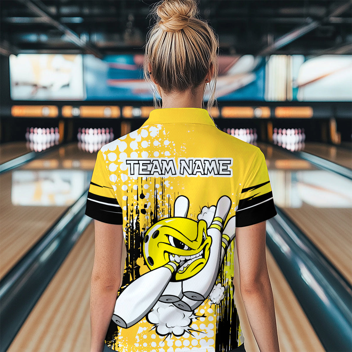Personalized Yellow Funny Crazy Bowling Shirt for Women Polo & Quarter-Zip Bowling Jersey with Team HNT03