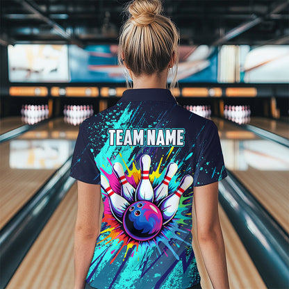 Custom Teal Bowling Shirt for Women Men Bowling Water Color Bowling Polo & 1/4 Zip Shirts MBL37