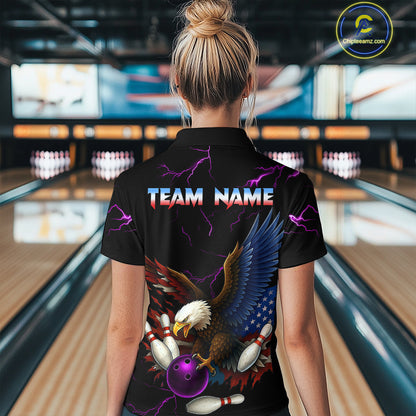 Purple Thunder US Flag Eagle Bowling Shirts for Women Team Bowling Polo & Quarter-Zip HNT96