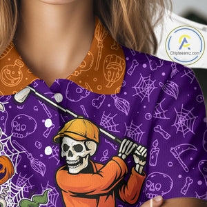 Halloween Skull Playing Golf Women Golf Polo Shirt Custom Halloween golf outfit For Ladies Golf Gifts NQS10340