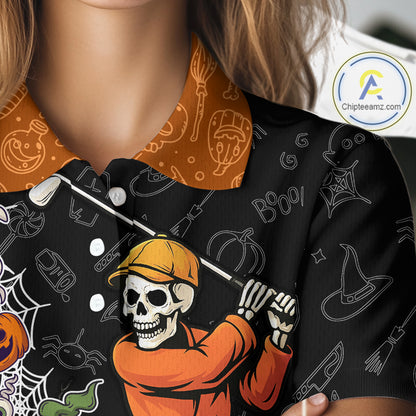 Halloween Skull Playing Golf Women Golf Polo Shirt Custom black & orange Halloween mens golf outfit NQS10341