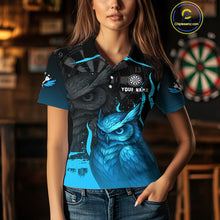 Load image into Gallery viewer, Women’s Darts Shirt With Navy Owl And Grunge Dartboard, Custom Name Option NYN0305