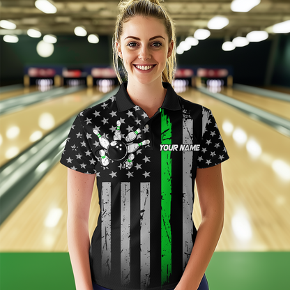 US Green Flag Bowling Shirt for Women Custom Name Polo & Quarter-Zip Bowling Jersey Bowling Team Shirt HNT23