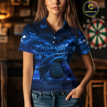 Load image into Gallery viewer, Women's Custom Darts Shirt - Cobalt Lightning Shark In Ocean With Dartboard And Arrow NYN0330