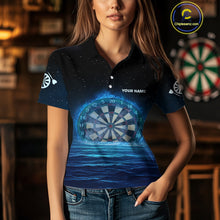 Load image into Gallery viewer, Women’s Personalized Darts Shirts With Navy Ocean, Stars Sky And Glowing Dartboard NYN0259