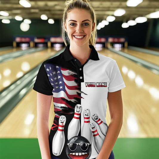 US Flag Bowling Shirt Funny Black & White Bowling Jersey Women Polo Performance Bowling Shirt QZT263