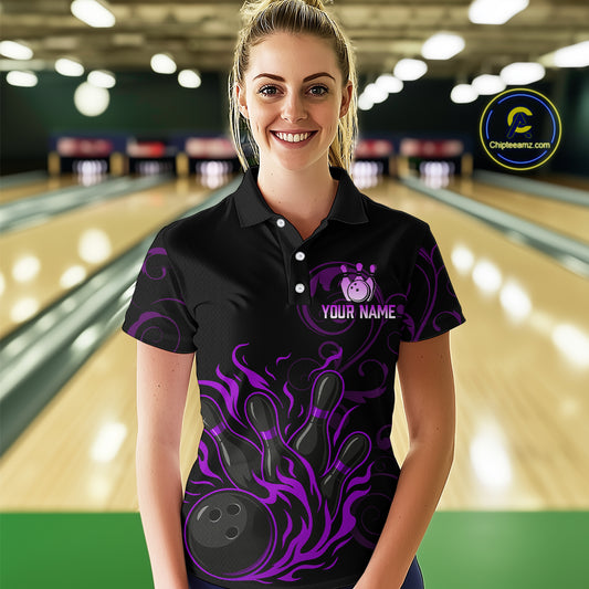 Black And Purple Flame Custom Dragon Bowling Team Shirts For Women, Bowling Uniform Outfit NQS9963