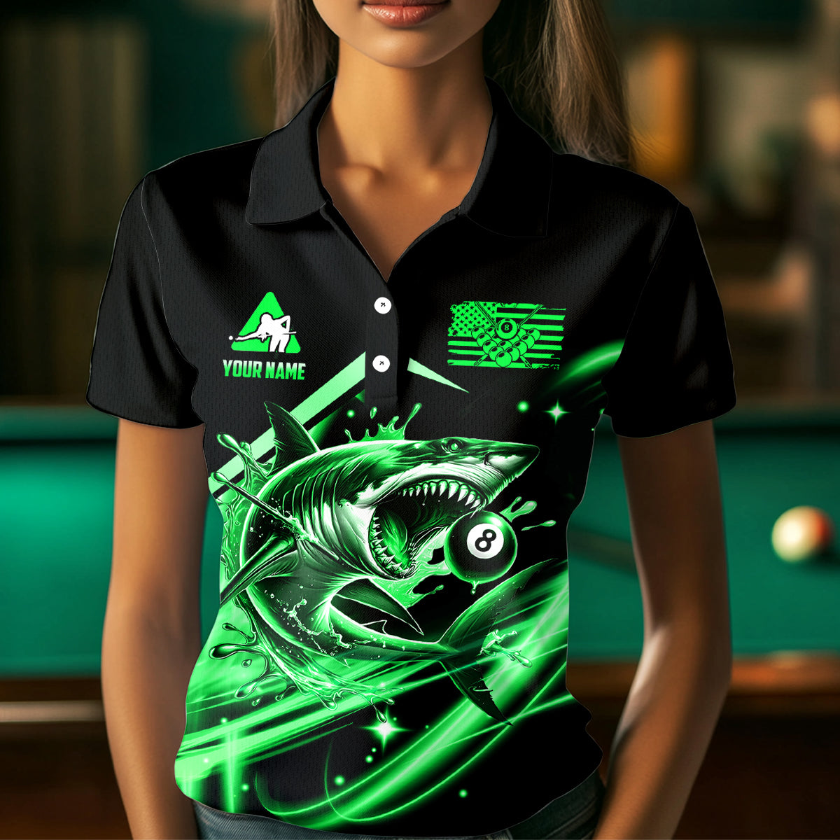 Green 8 Ball Pool Billiard Shark Polo & Quarter Zip For Women Custom Team League Billiard Jersey TDM3732