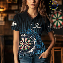 Load image into Gallery viewer, Women’s Custom Darts Team Shirt With Blue Splashed Art, Black Stripes And Dartboard NYN0255