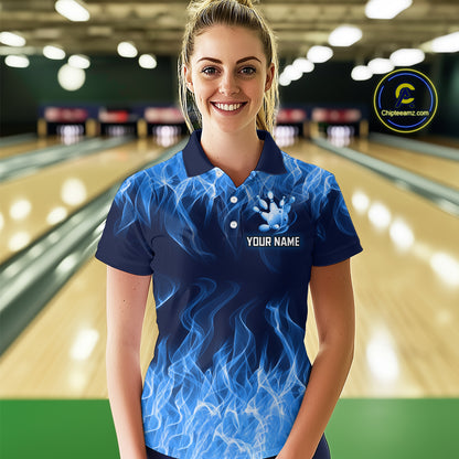 Custom Blue Flame Bowling Jersey for Women Polo & 1/4 Zip Bowling Team Shirts Bowling League HNT150