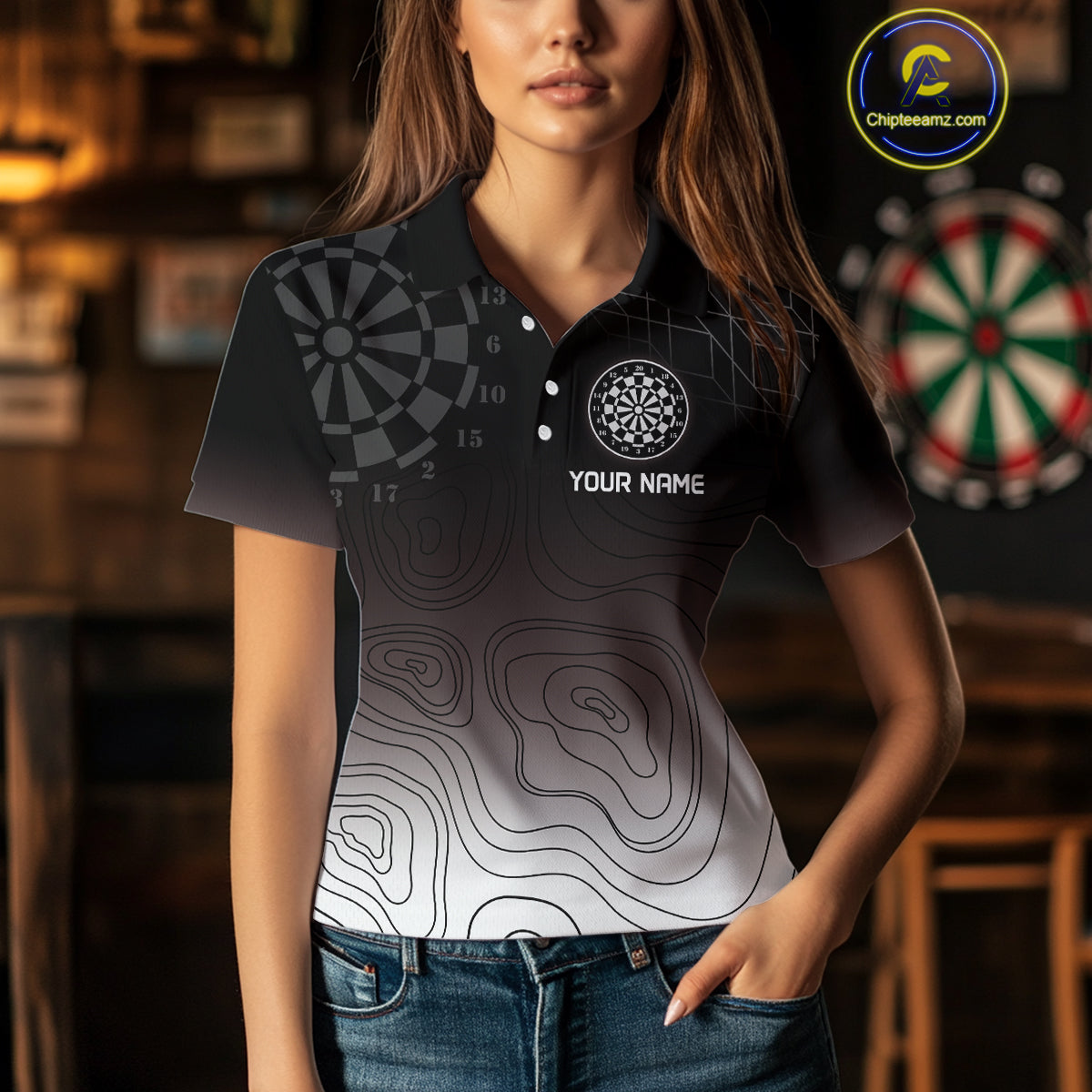 Women's Custom Dart Shirt, Darts Hitting The Bullseye With Black-To-White Gradient NYN0249
