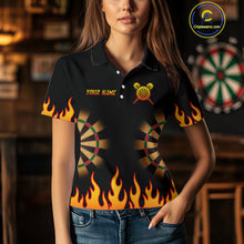 Load image into Gallery viewer, Women's Personalized Darts Shirt With Black Flame Pattern And Fiery Dartboard NYN0265