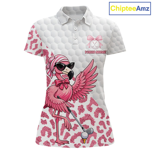 Pink Flamingo Golf Shirt For Women, Funny Leopard Patten Golf Polo Shirt, Ladies Golf Outfit For Team NHT732