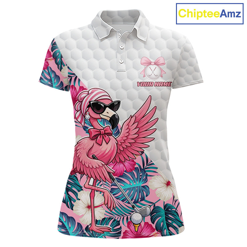 Pink Flamingo Golf Shirt For Women, Funny Tropical Patten Golf Polo Shirt, Ladies Golf Outfit For Team NHT730