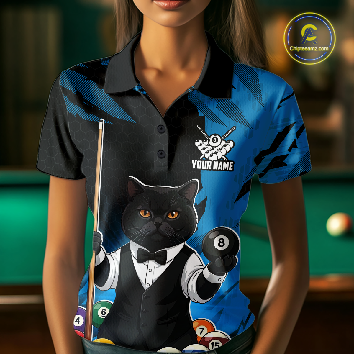 Custom Black Cat 8 Ball Pool Shirts Blue Billiard Shirt for Women Billiard Team Jersey Billiard Gift NNT181