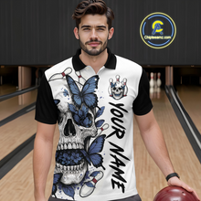 Load image into Gallery viewer, Blue Butterfly Skull Bowling Men Bowling Shirt Polo &amp; Quarter-Zip Bowling Team Jerseys HNT80
