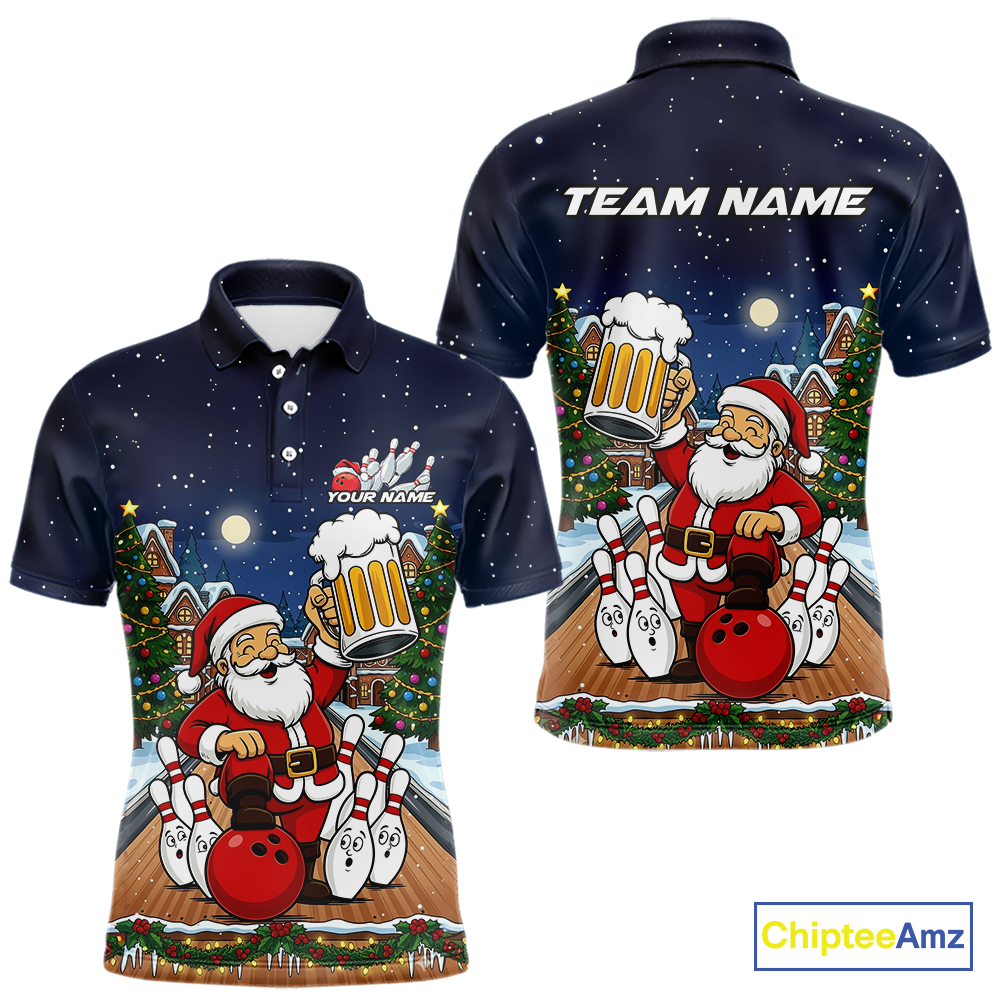 Custom Funny Beer Santa Christmas Bowling Jersey for Men Bowling Team Shirts Polo & 1/4 Zip HNT140