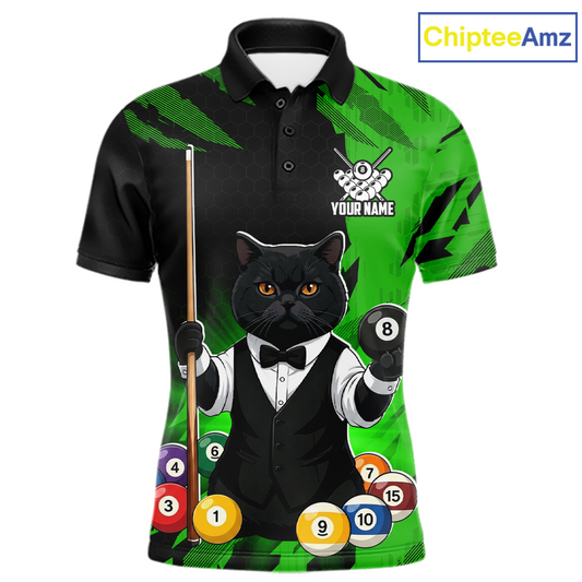 Custom Black Cat 8 Ball Pool Shirts Green Billiard Shirt for Men Billiard Team Jersey Billiard Gift NNT181