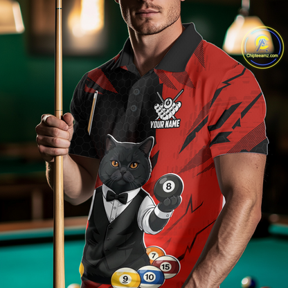 Custom Black Cat 8 Ball Pool Shirts Red Billiard Shirt for Men Billiard Team Jersey Billiard Gift NNT181
