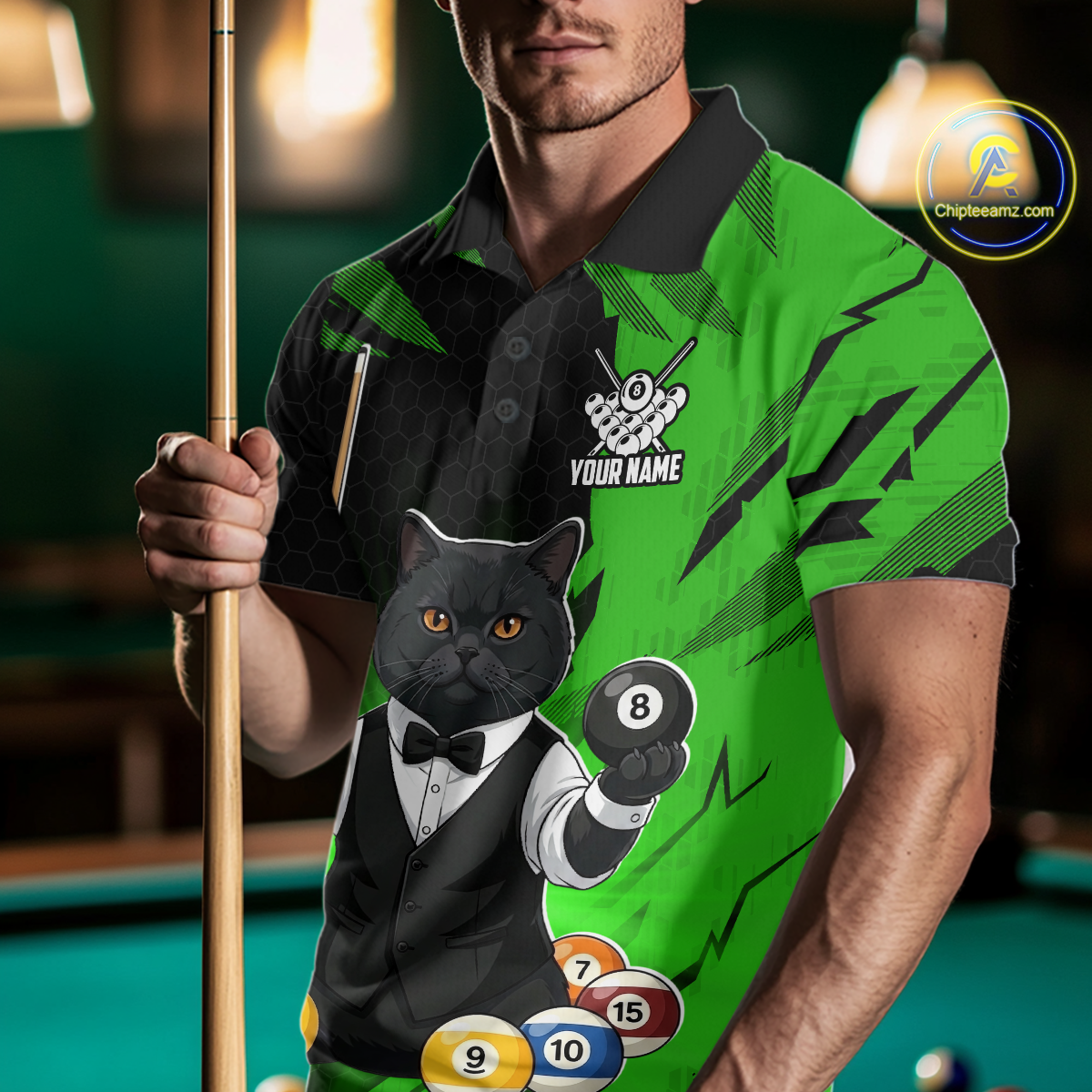 Custom Black Cat 8 Ball Pool Shirts Green Billiard Shirt for Men Billiard Team Jersey Billiard Gift NNT181