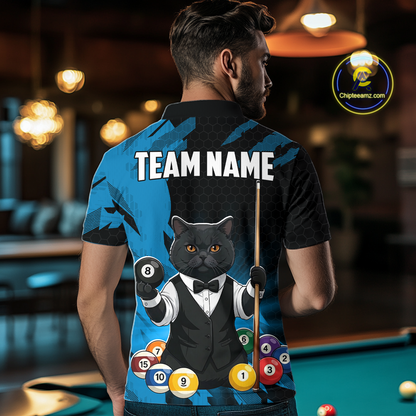 Custom Black Cat 8 Ball Pool Shirts Blue Billiard Shirt for Men Billiard Team Jersey Billiard Gift NNT181