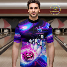 Load image into Gallery viewer, Custom Purple Blue Crazy Bowling Shirt for Men Polo &amp; 1/4-Zip Bowling League Outfit QZT831