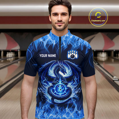Custom Blue Dragon Flame Bowling Jersey for Men Bowling Team Shirts Bowling Polo & 1/4 Zip HNT189