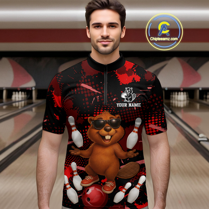 Custom Red Funny Beaver Bowling Team Shirt Men Bowling League Jersey Polo Bowling Outfit QZT764