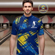 Load image into Gallery viewer, Custom Blue Yellow Bowling Jersey for Men Bowling Uniform Polo &amp; 1/4 Zip Bowling Team Shirts HNT122