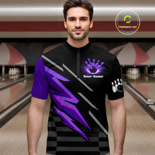 Load image into Gallery viewer, Black and Purple Lightning Bowling Polo, Quarter Zip Shirt for Men Custom Bowling Team League Jersey NQS10907