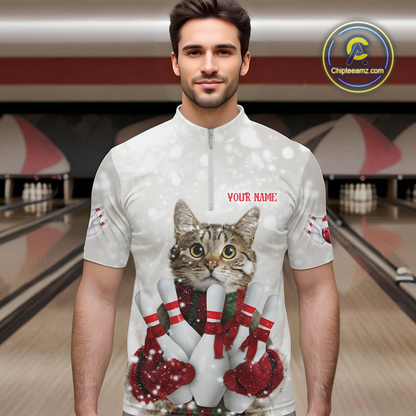 Custom Funny Cat Christmas Bowling Jersey for Men Polo & 1/4 Zip Bowling Team Shirts HNT145